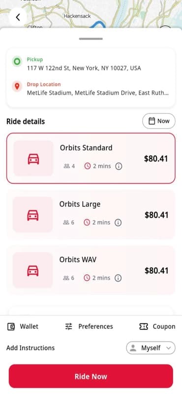 Écrans de l'application Orbits : choix du véhicule et suivi de la course